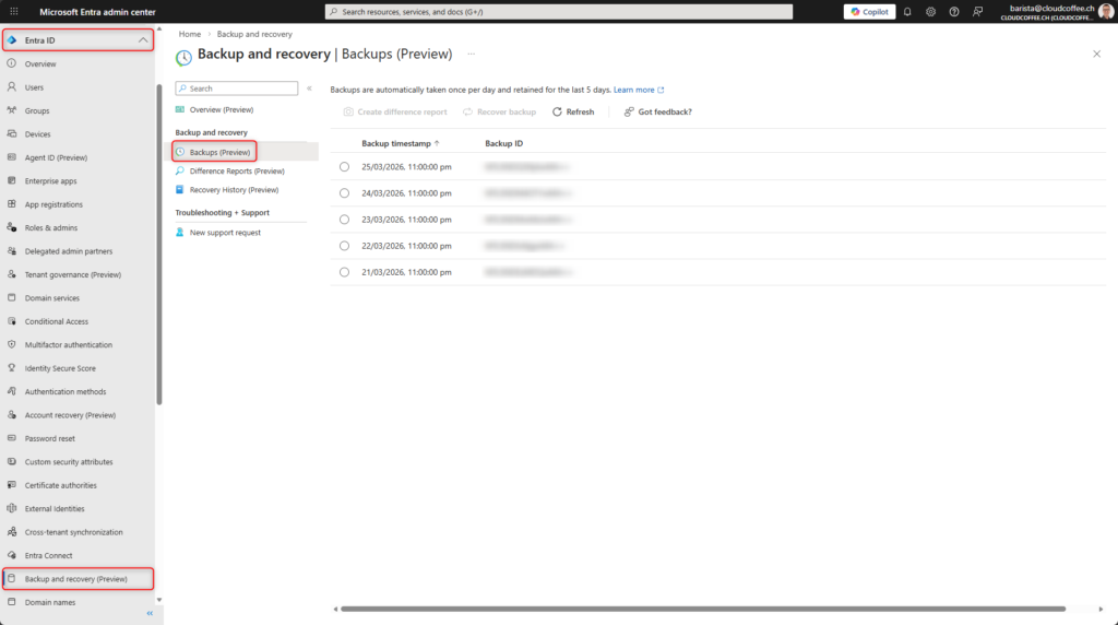 Microsoft Entra Backup and Recovery backups overview in Microsoft Entra admin center
