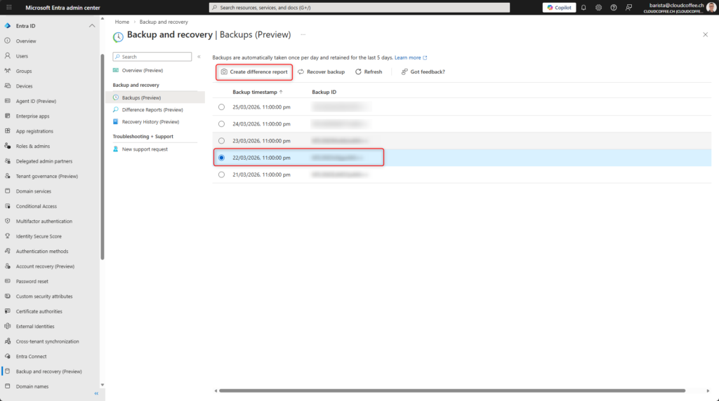 Create difference report in Microsoft Entra Backup and Recovery from selected backup
