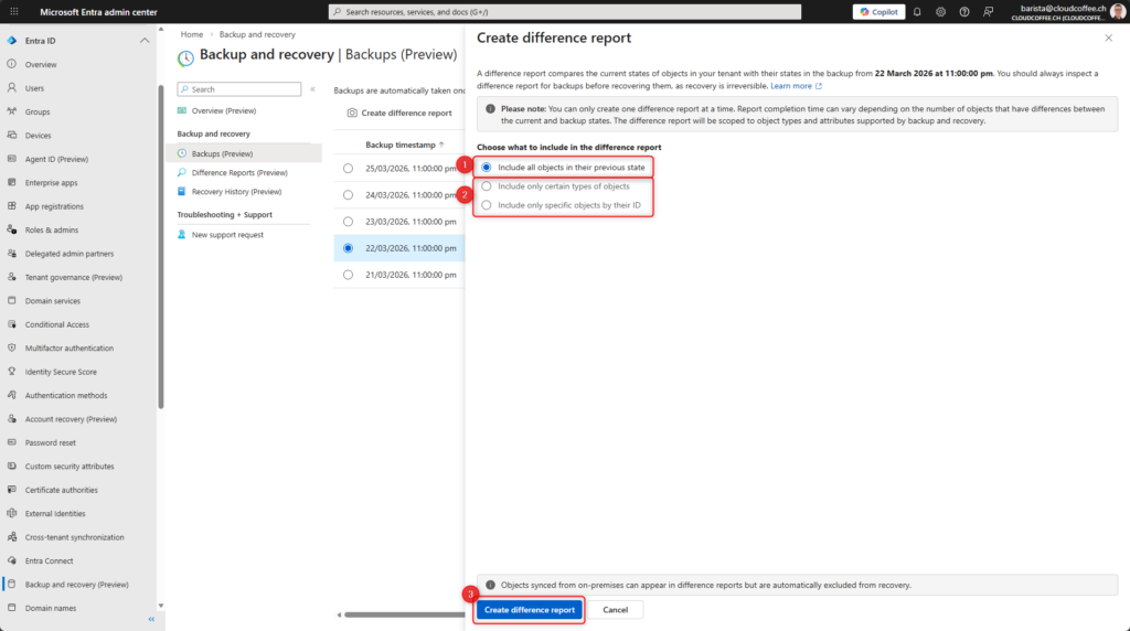 Select scope when creating a difference report in Microsoft Entra Backup and Recovery