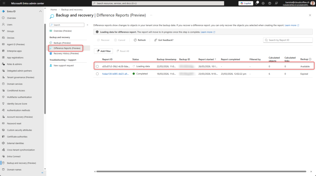 Difference report status in Microsoft Entra Backup and Recovery preview