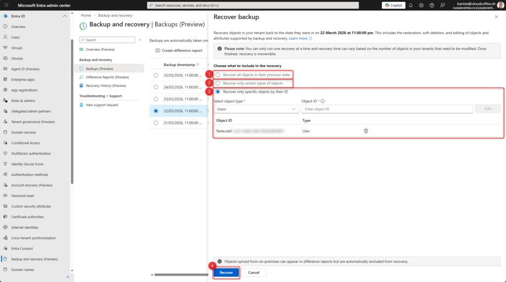 Direct restore options in Microsoft Entra Backup and Recovery without difference report
