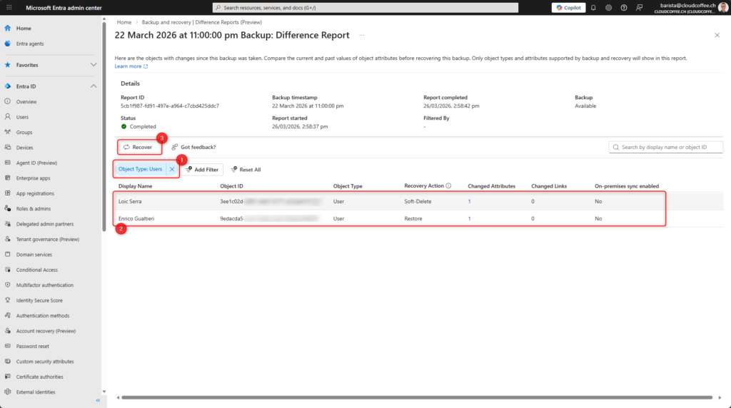 Filter objects in Microsoft Entra Backup and Recovery difference report before restore