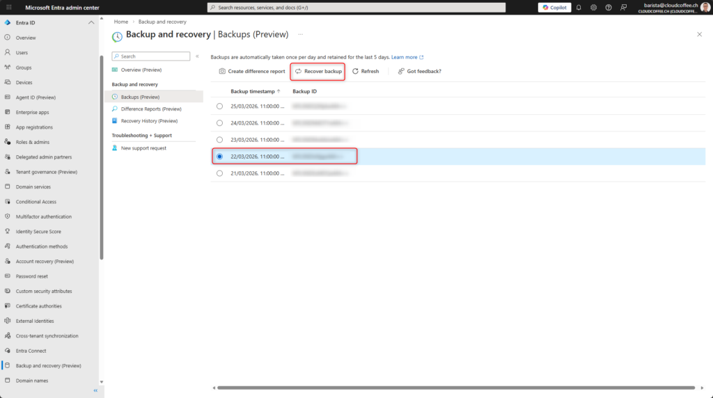 Recover backup option in Microsoft Entra Backup and Recovery backup list