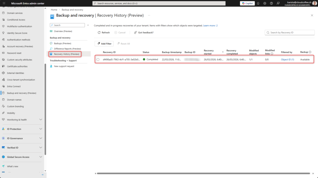 Recovery history in Microsoft Entra Backup and Recovery showing completed restore