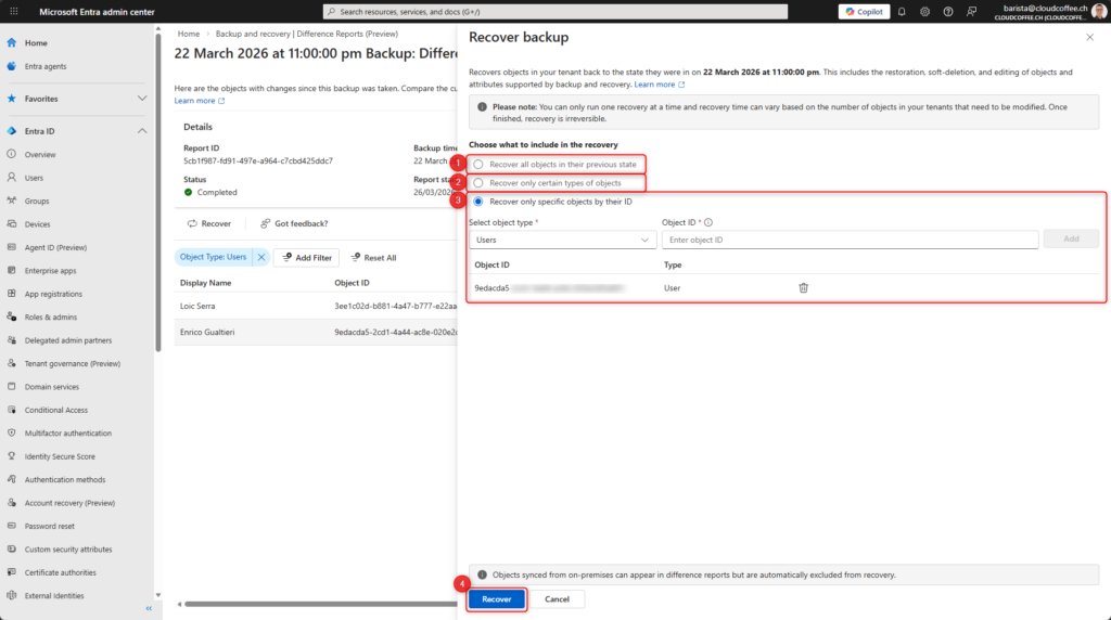 Restore options in Microsoft Entra Backup and Recovery when recovering objects from backup