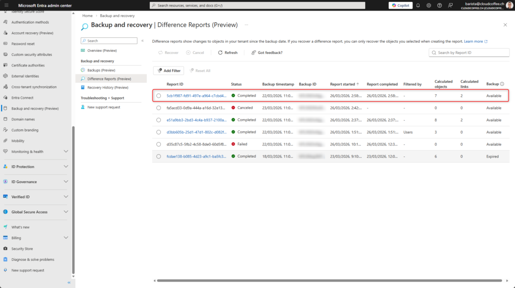 Select completed difference report in Microsoft Entra Backup and Recovery