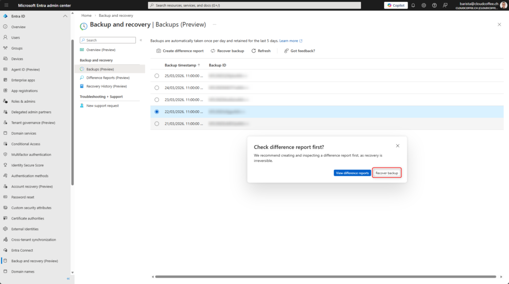 Skip difference report and recover backup in Microsoft Entra Backup and Recovery