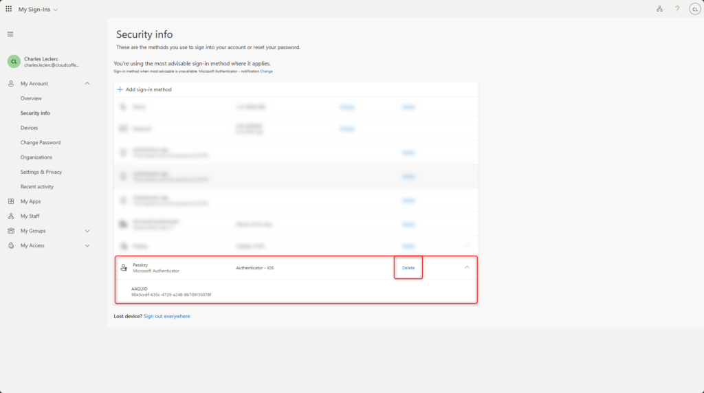 Microsoft Entra security info page showing delete option for Microsoft Authenticator passkey