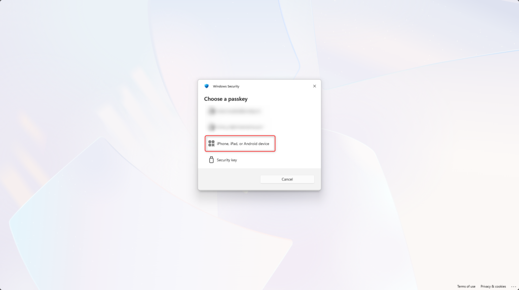 Windows security dialog showing passkey device selection for Microsoft Entra sign in with Microsoft Authenticator
