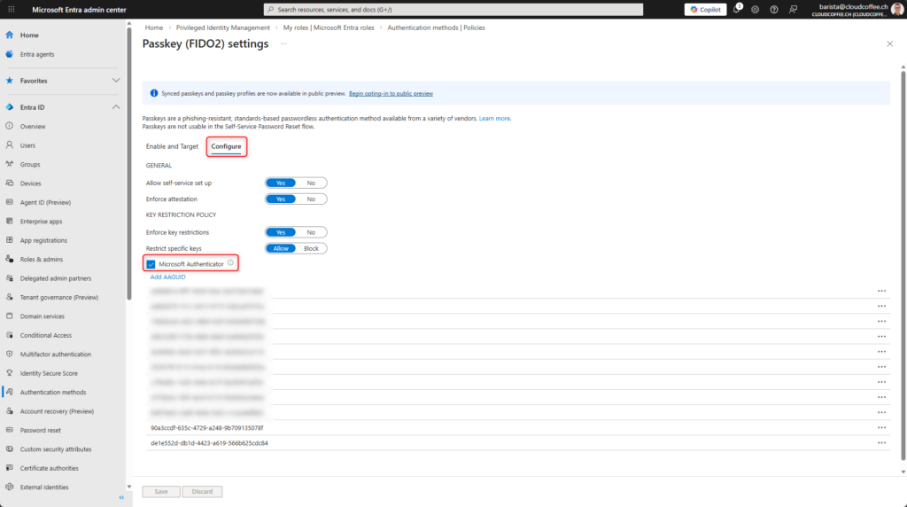 Microsoft Entra Passkey FIDO2 configuration showing Microsoft Authenticator key restriction for passkey registration