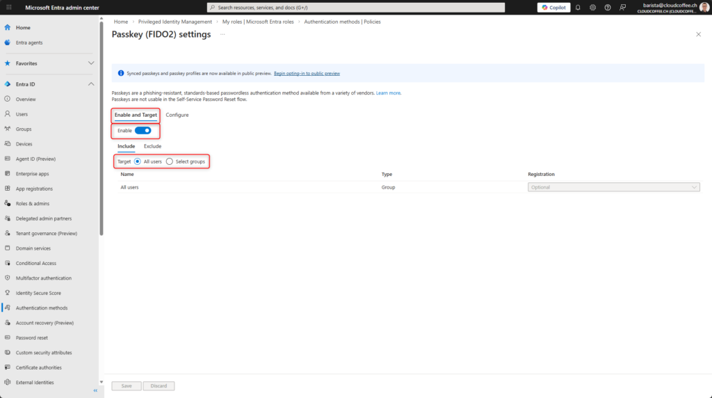 Microsoft Entra Passkey FIDO2 settings showing enable and target configuration for Microsoft Authenticator passkey