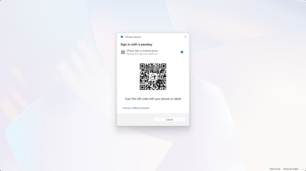 Microsoft Entra passkey sign in showing QR code for Microsoft Authenticator passwordless authentication