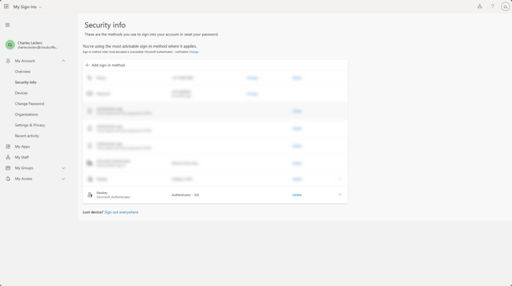 Microsoft Entra security info page showing Microsoft Authenticator passkey registered for the user