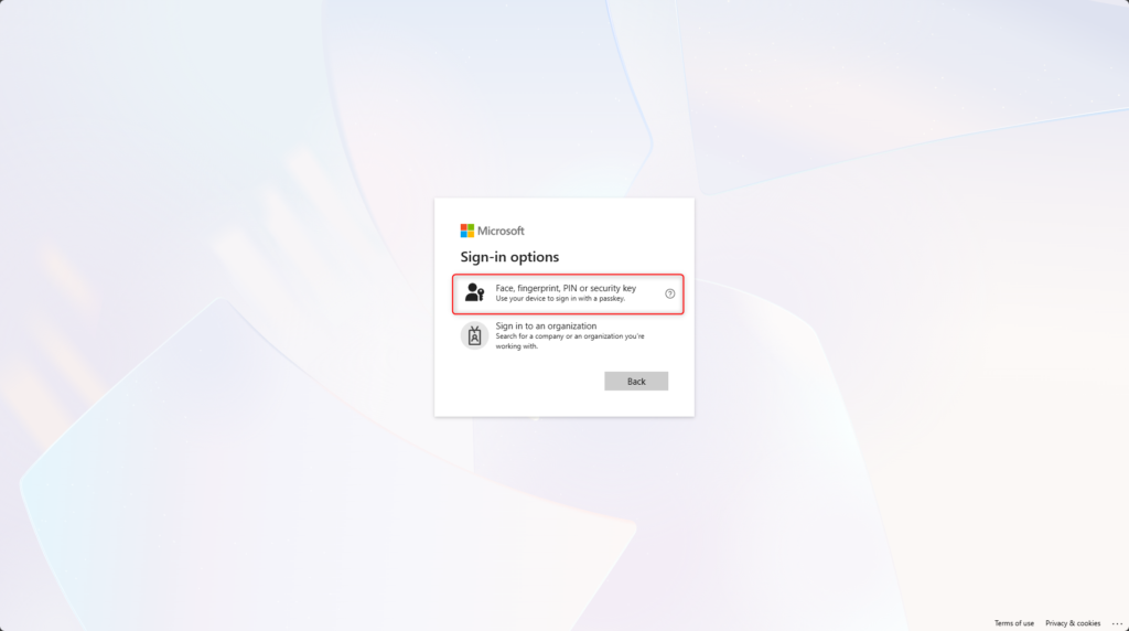 Microsoft Entra sign in options showing passkey sign in with Microsoft Authenticator