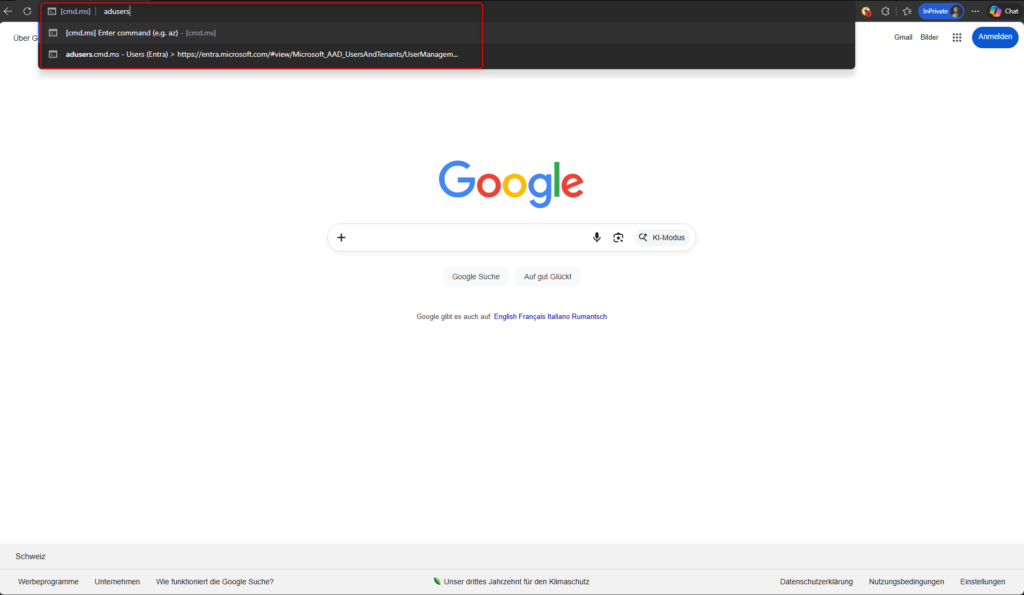cmd.ms Microsoft Cloud Command Line browser extension showing command input and autocomplete suggestions in the browser address bar