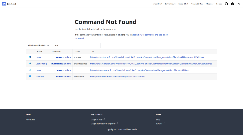 cmd.ms Microsoft Cloud Command Line showing command not found result with alternative command suggestions