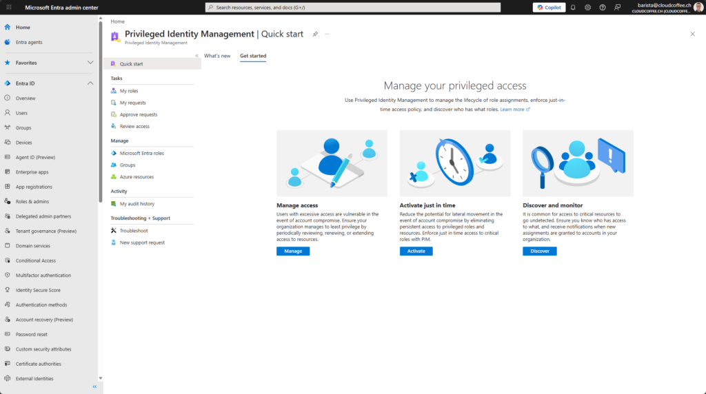Microsoft Entra admin centre showing Privileged Identity Management blade accessed via cmd.ms command