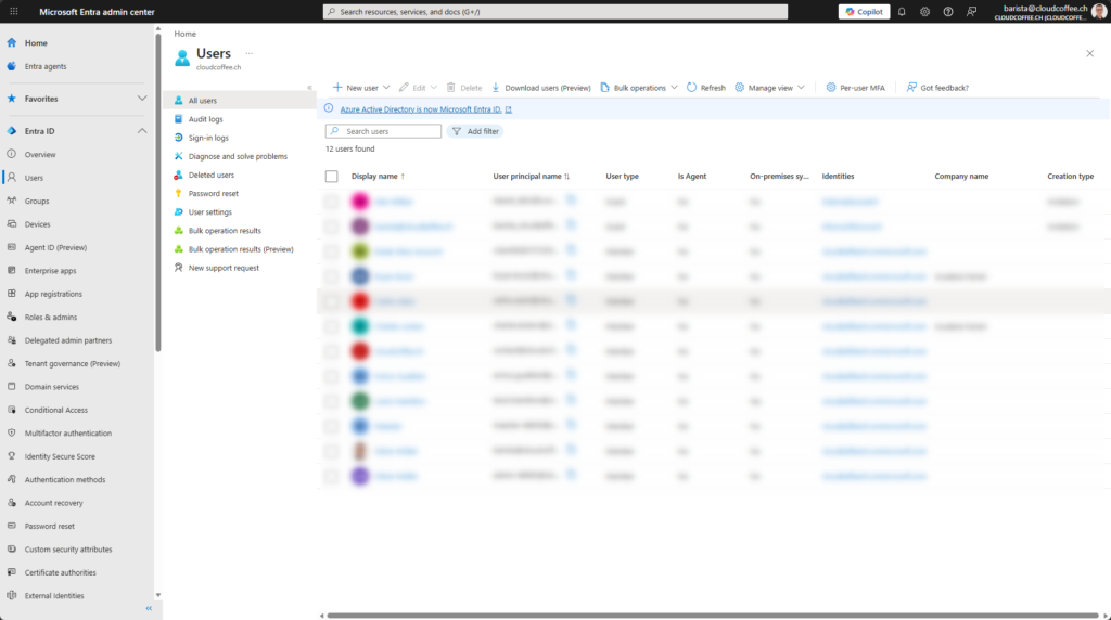Microsoft Entra admin centre users blade opened via cmd.ms Microsoft Cloud Command Line shortcut