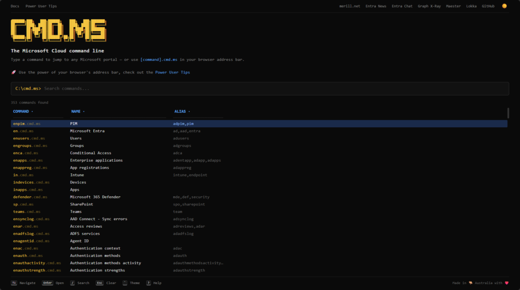 cmd.ms Microsoft Cloud Command Line interface showing command search and available shortcuts for Microsoft portals