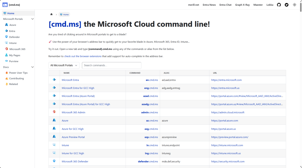 cmd.ms Microsoft Cloud Command Line website showing available Microsoft portals and command mappings