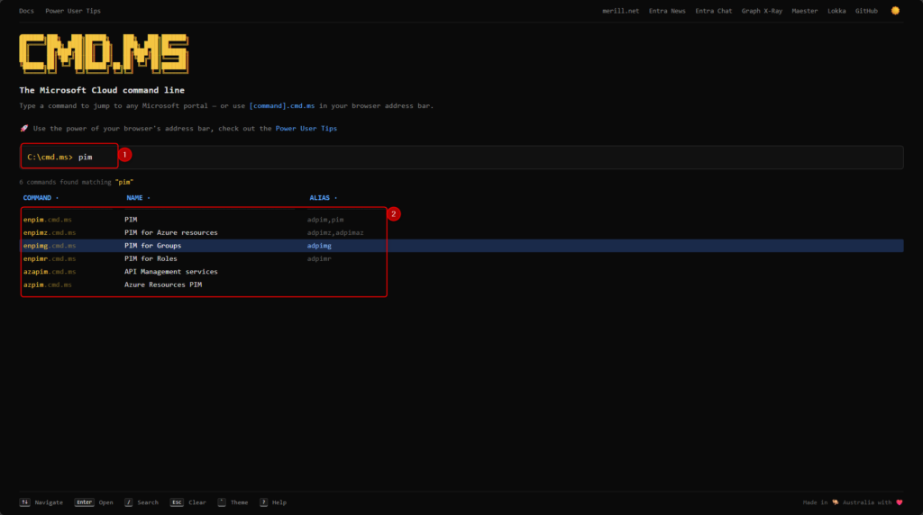 cmd.ms Microsoft Cloud Command Line search showing results for Privileged Identity Management commands