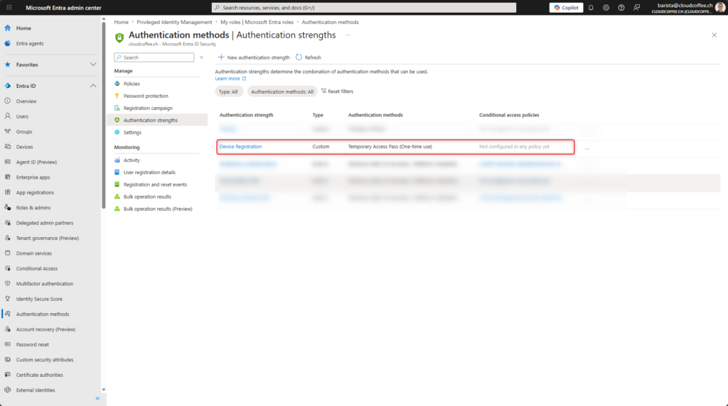 Microsoft Entra authentication strength named Device Registration using Temporary Access Pass one time use