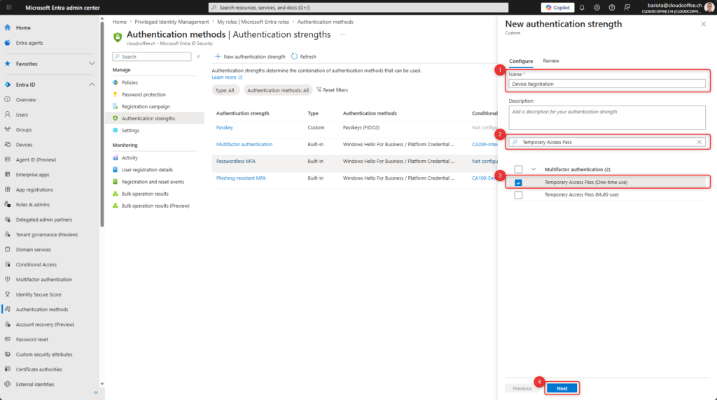 Microsoft Entra authentication strength configuration for device registration using Temporary Access Pass one time use