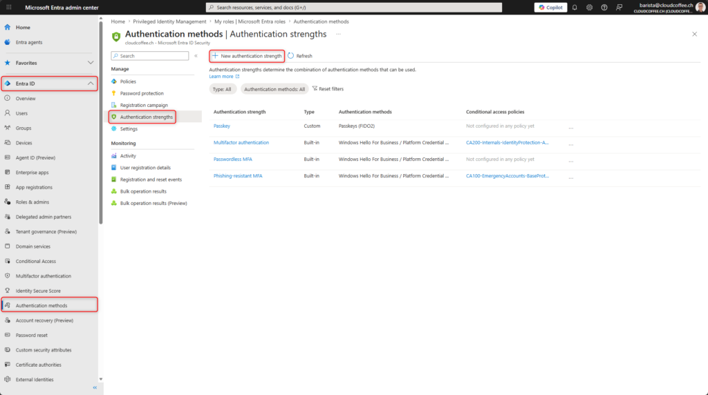 Microsoft Entra authentication strengths overview showing passkey and phishing resistant MFA configurations