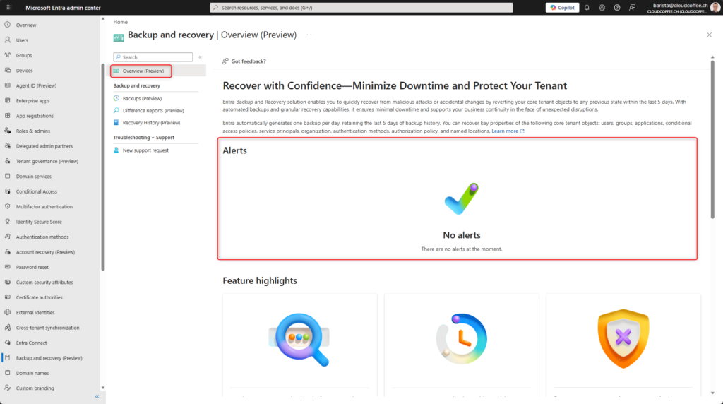 Microsoft Entra Backup and Recovery overview page showing alerts section with no active alerts in the Microsoft Entra admin center