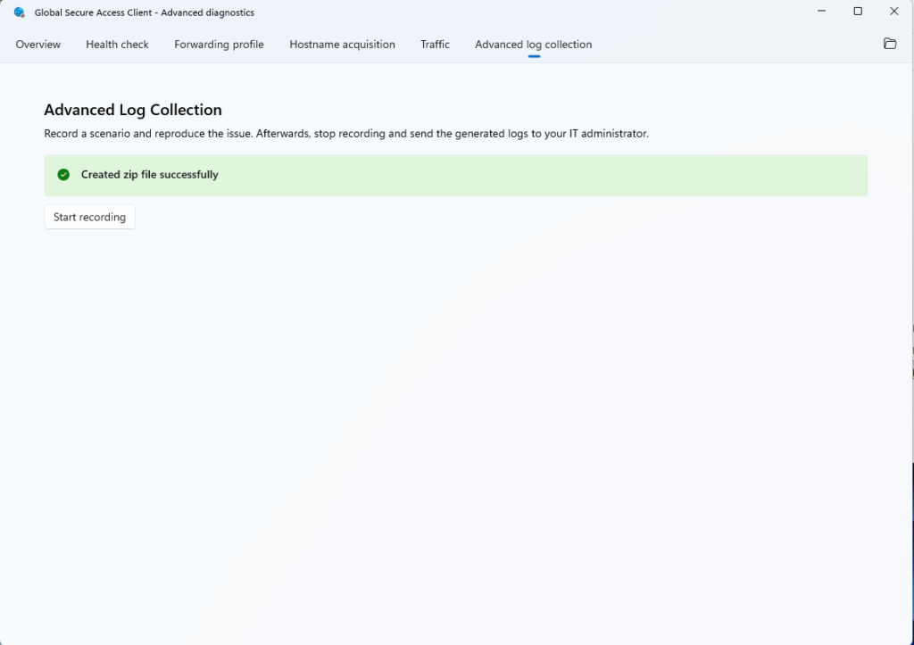 Global Secure Access client advanced log collection showing successful log archive creation