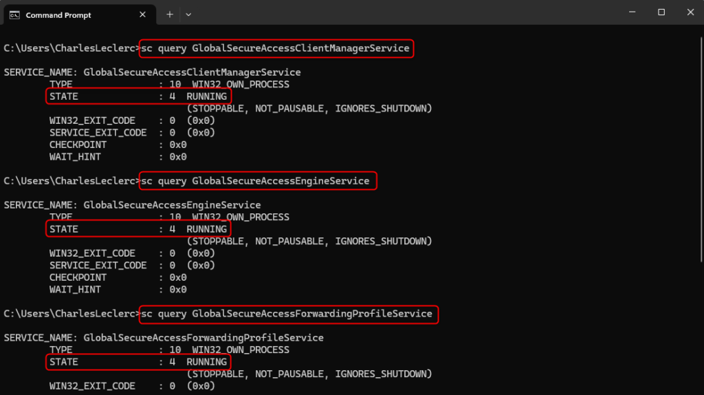 Microsoft Entra Global Secure Access client services running status in Windows command line
