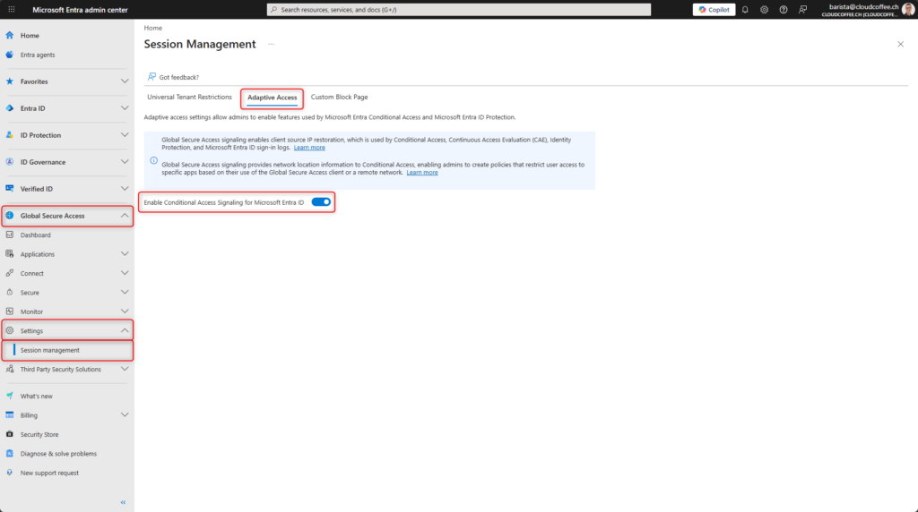 Microsoft Entra Global Secure Access settings showing conditional access signalling enabled in session management
