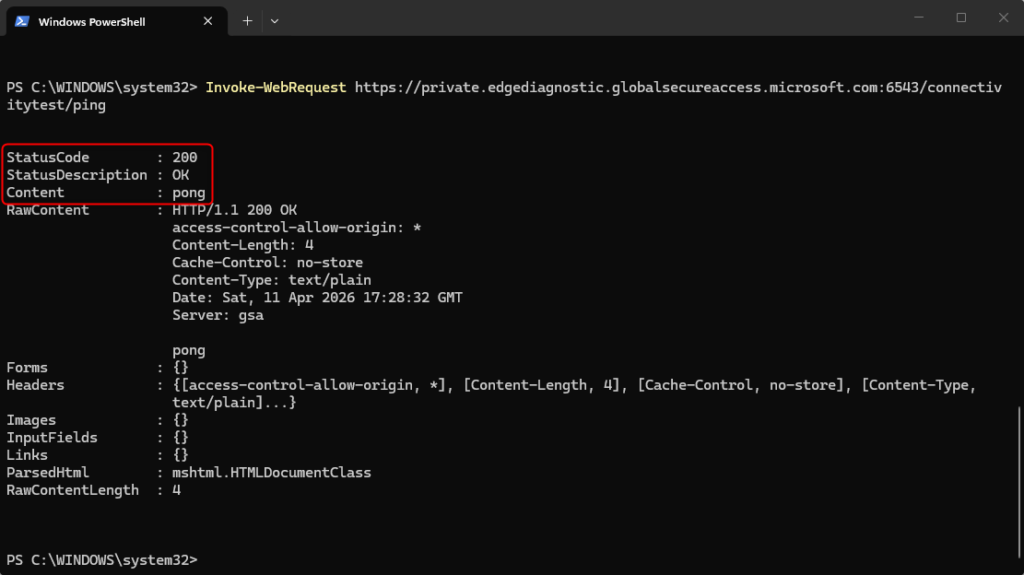 Invoke-WebRequest test to Global Secure Access diagnostic endpoint returning status 200 OK
