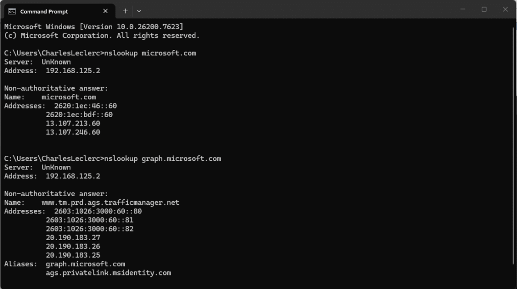 DNS resolution test for microsoft.com and graph.microsoft.com using nslookup in Windows command prompt