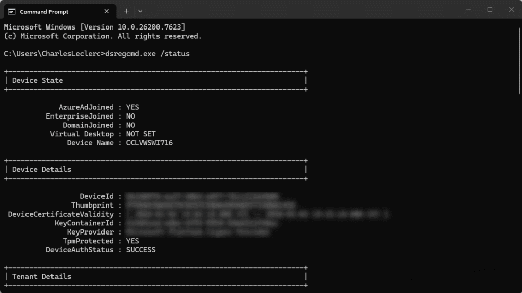 dsregcmd status output showing Azure AD joined device state and authentication status