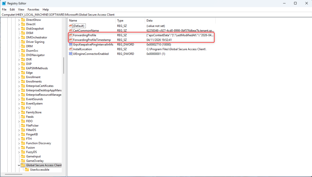 Windows registry showing Global Secure Access client forwarding profile and timestamp keys