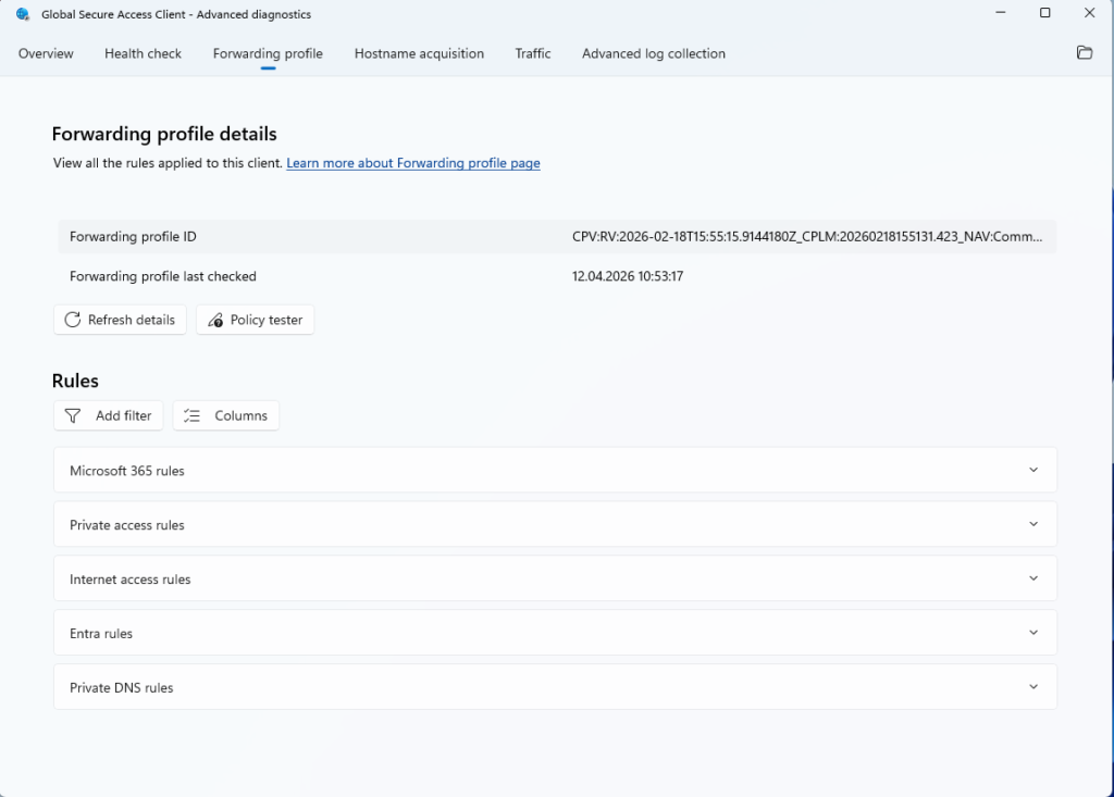 Global Secure Access client forwarding profile viewer showing applied rules for Microsoft 365, Private Access and Internet Access