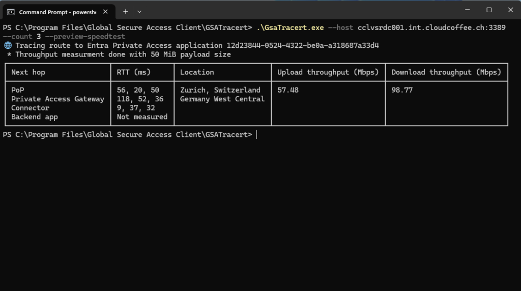 GsaTracert tool showing network path, latency and throughput for Global Secure Access connection