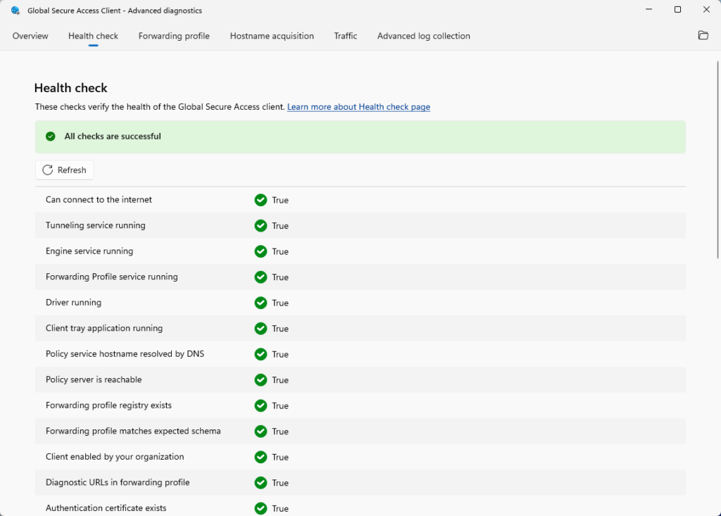 Global Secure Access client health check showing all checks successful in advanced diagnostics