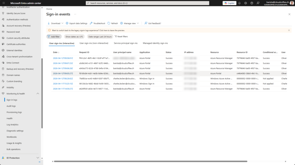 Microsoft Entra sign-in logs showing authentication events and conditional access results