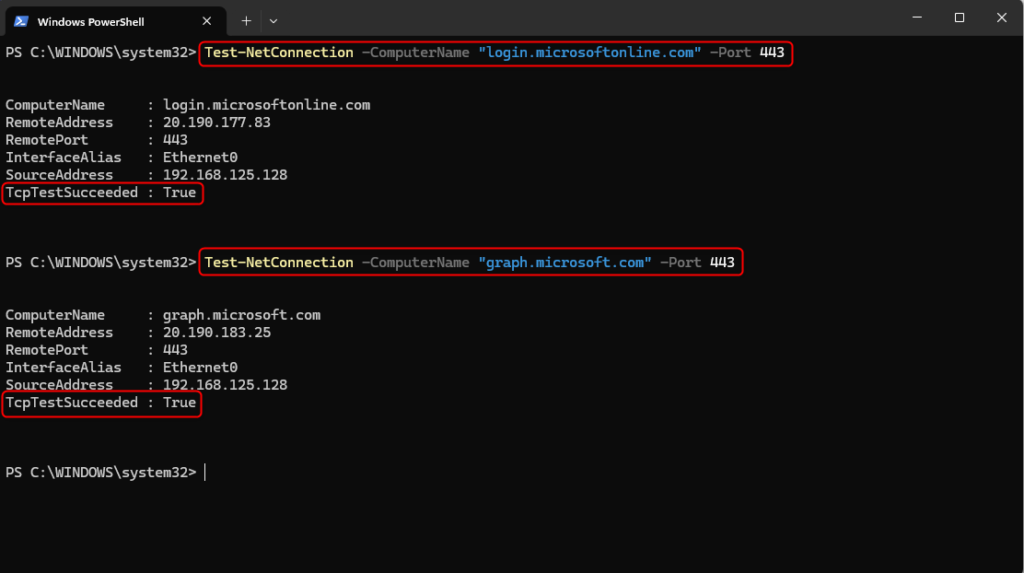 Test-NetConnection check for login.microsoftonline.com and graph.microsoft.com on port 443 showing successful connectivity