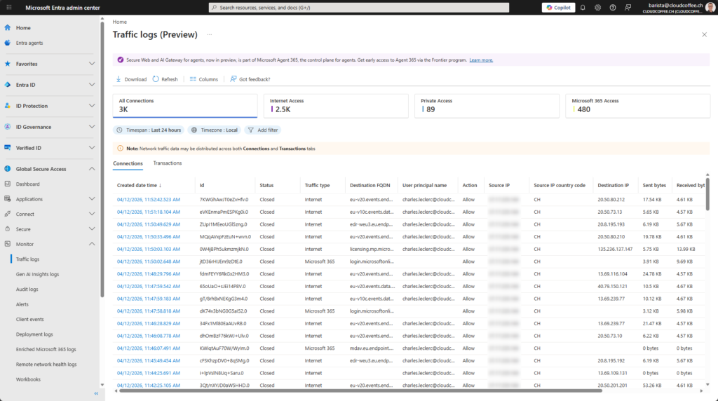 Microsoft Entra Global Secure Access traffic logs showing connections and traffic details in admin center