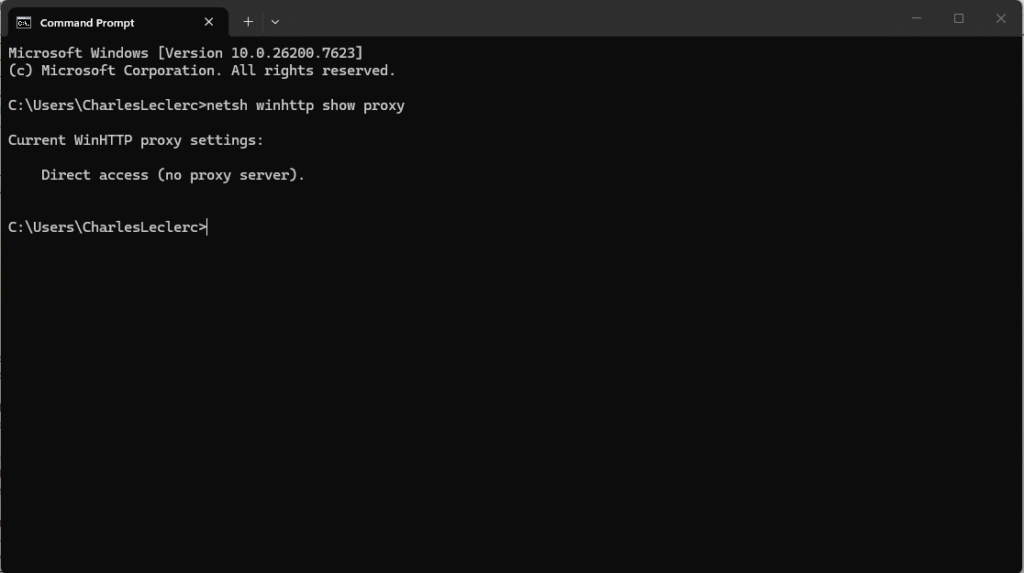 WinHTTP proxy configuration check using netsh winhttp show proxy with no proxy configured