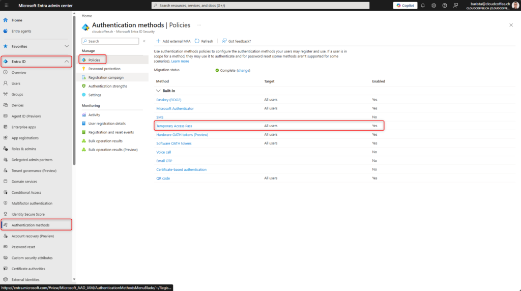 Microsoft Entra admin center showing Authentication Methods policies with Temporary Access Pass enabled for all users