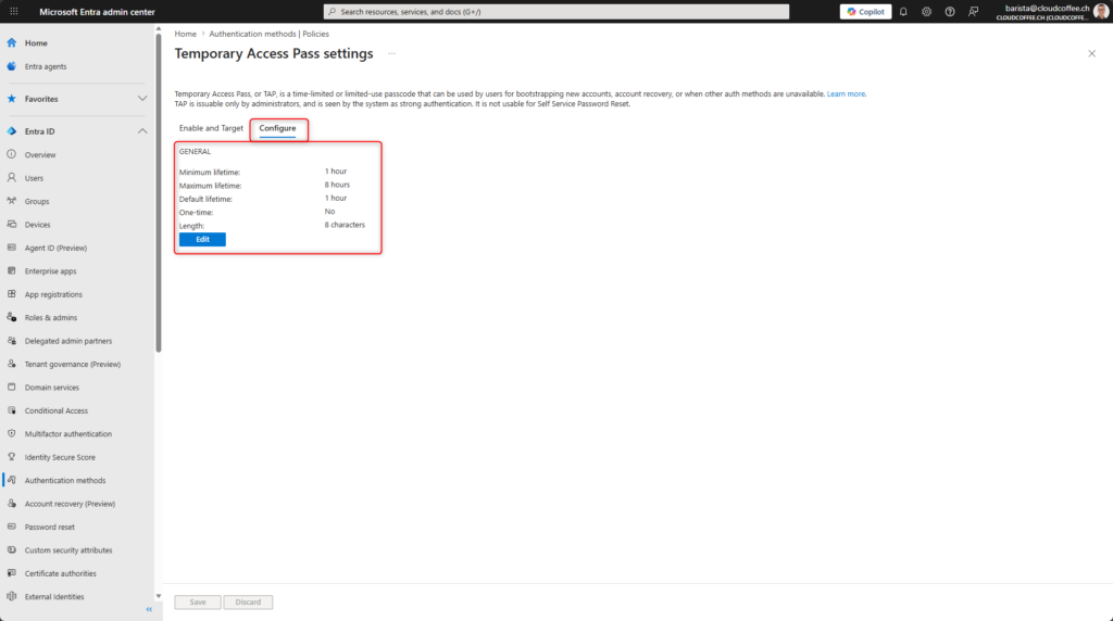 Microsoft Entra Temporary Access Pass configuration showing lifetime settings and passcode length options