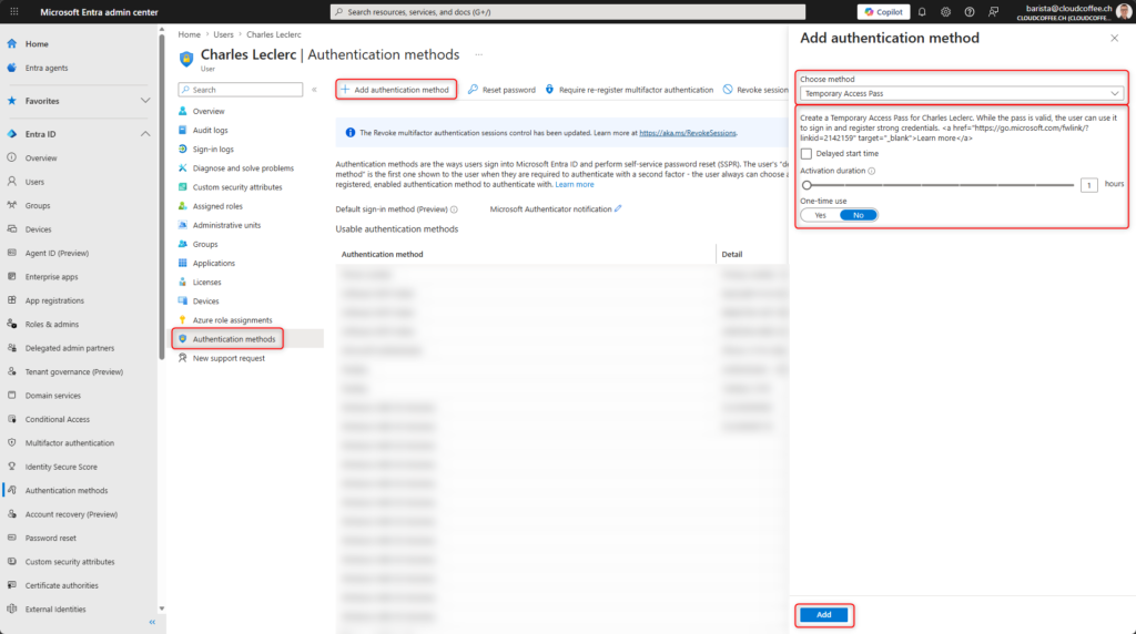Microsoft Entra admin center showing creation of a Temporary Access Pass for a user with configuration options