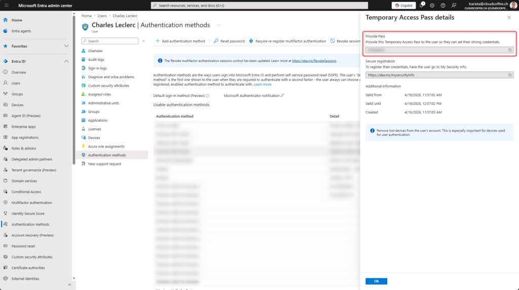 Microsoft Entra Temporary Access Pass details showing generated passcode and validity period for a user