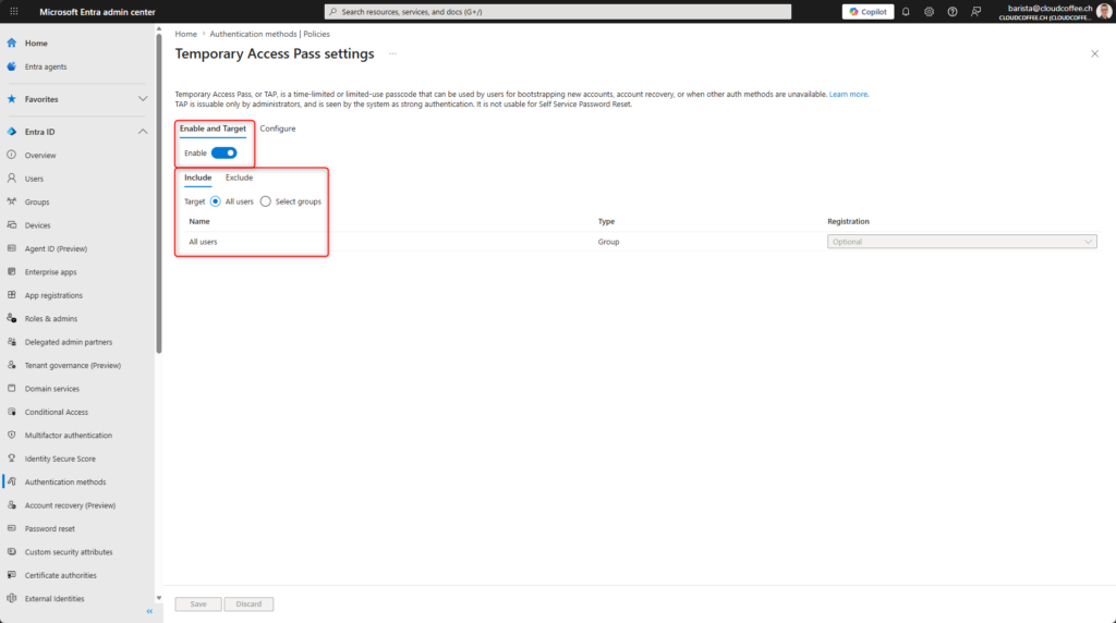 Microsoft Entra Temporary Access Pass settings showing enable toggle and target configuration for all users