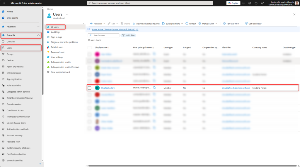 Microsoft Entra admin center showing user selection in All users list before creating a Temporary Access Pass