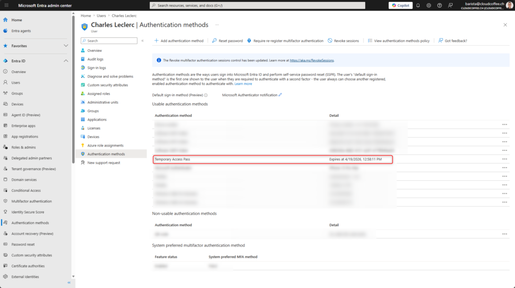 Microsoft Entra user authentication methods showing active Temporary Access Pass with expiration time